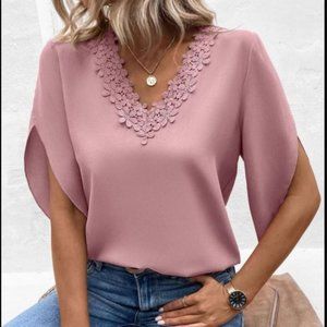 Pink Lace-Accent Tulip-Sleeve V-Neck Top